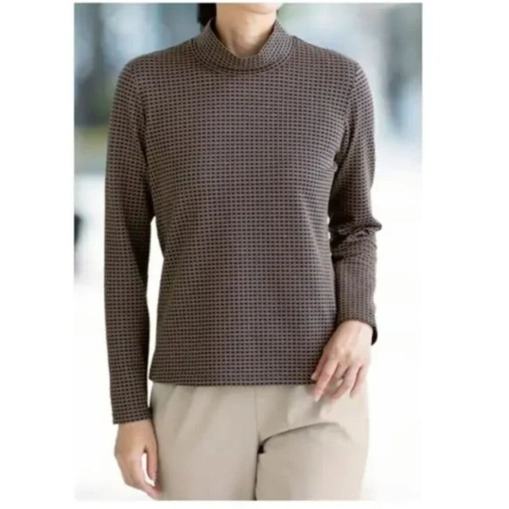 J. McLaughlin Top XL Houndstooth Brown Black Long Sleeve Mock Neck Academia